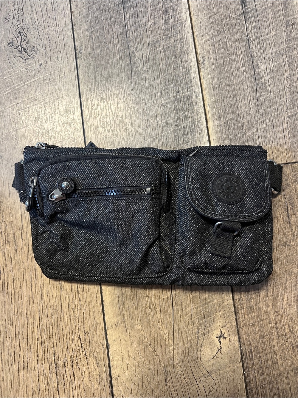 Vintage Kipling Black Sparkle Canvas Waist Bag - Hands-Free Travel Pouch